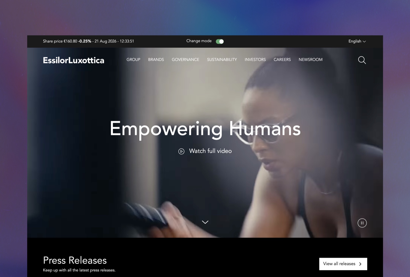 The redesigned corporate site: dark, cinematic, an iridescent brand system built specifically for the group