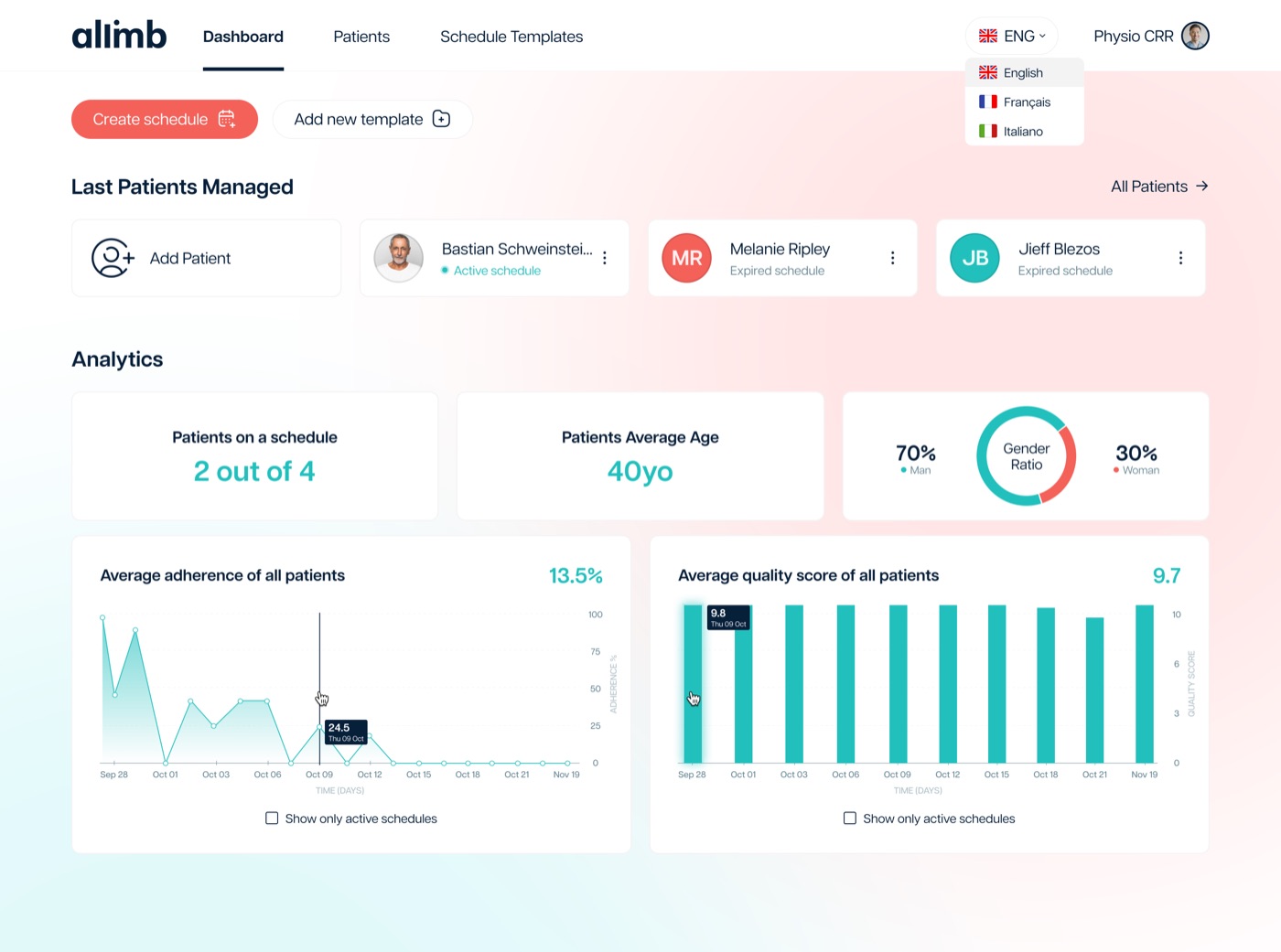 Physiotherapist dashboard: last patients managed and adherence/quality analytics