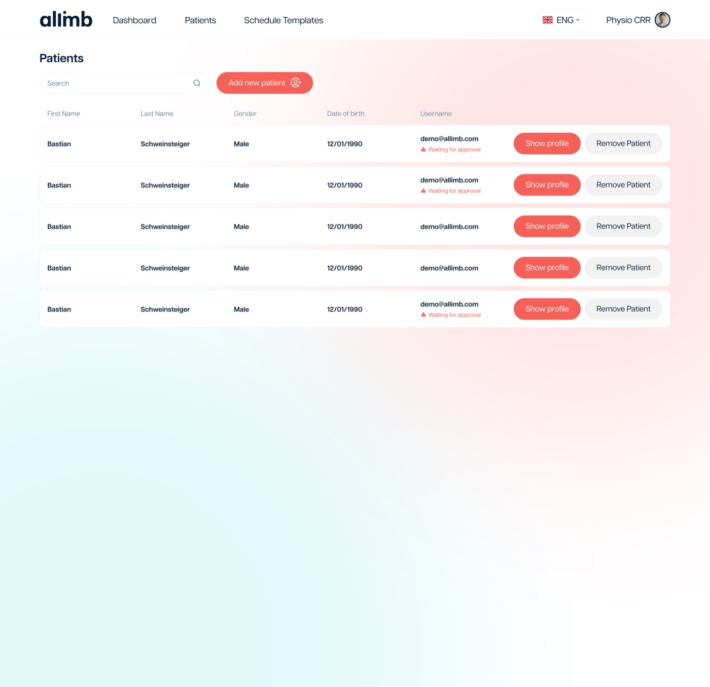 Patients list, with schedule status per patient
