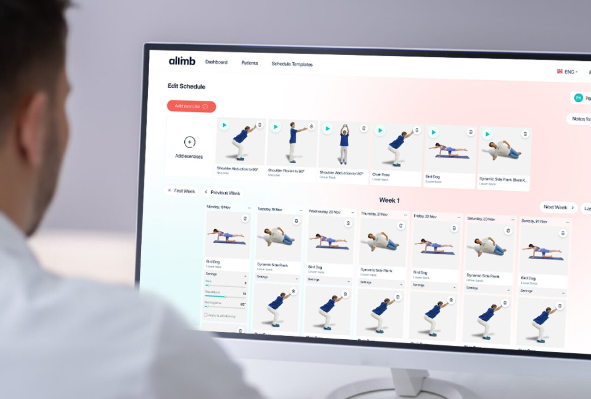 A physiotherapist reviewing a patient's exercise schedule on the professional dashboard