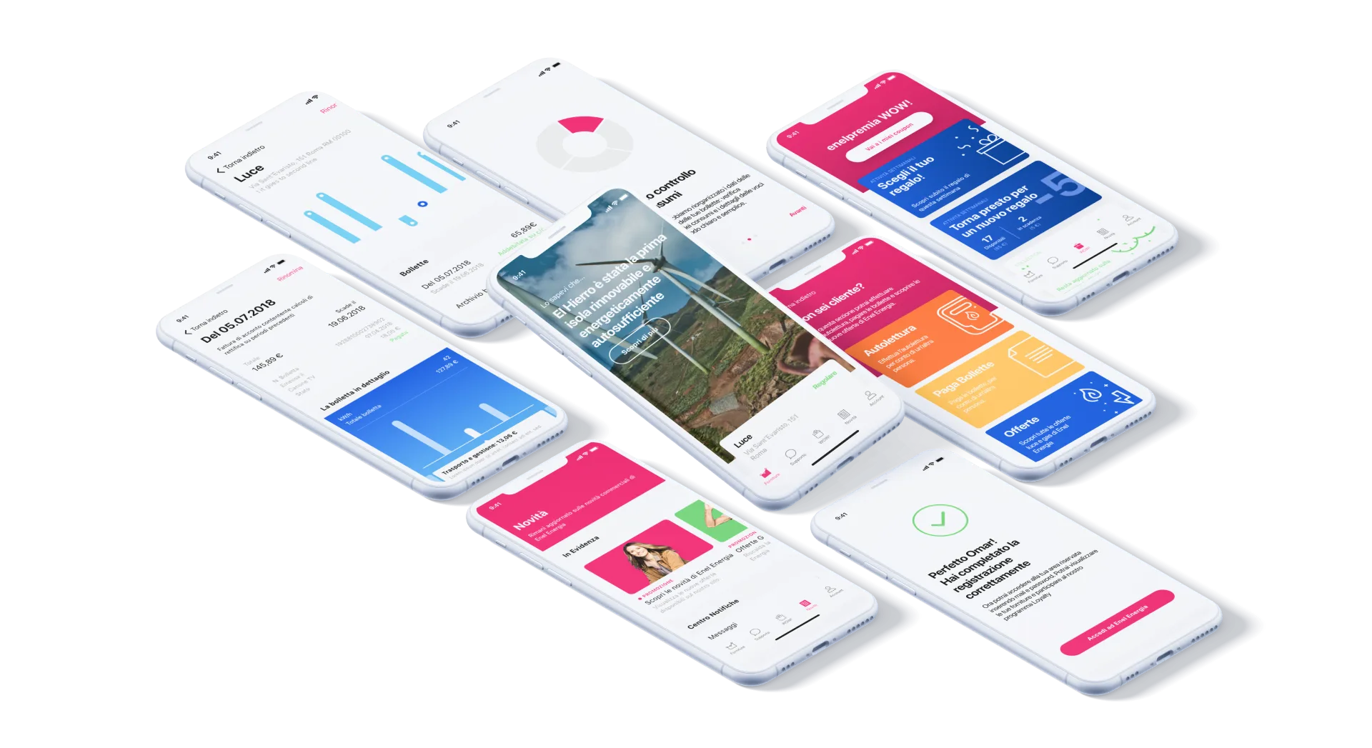 Eight key screens of the redesigned app, arranged as an isometric spread