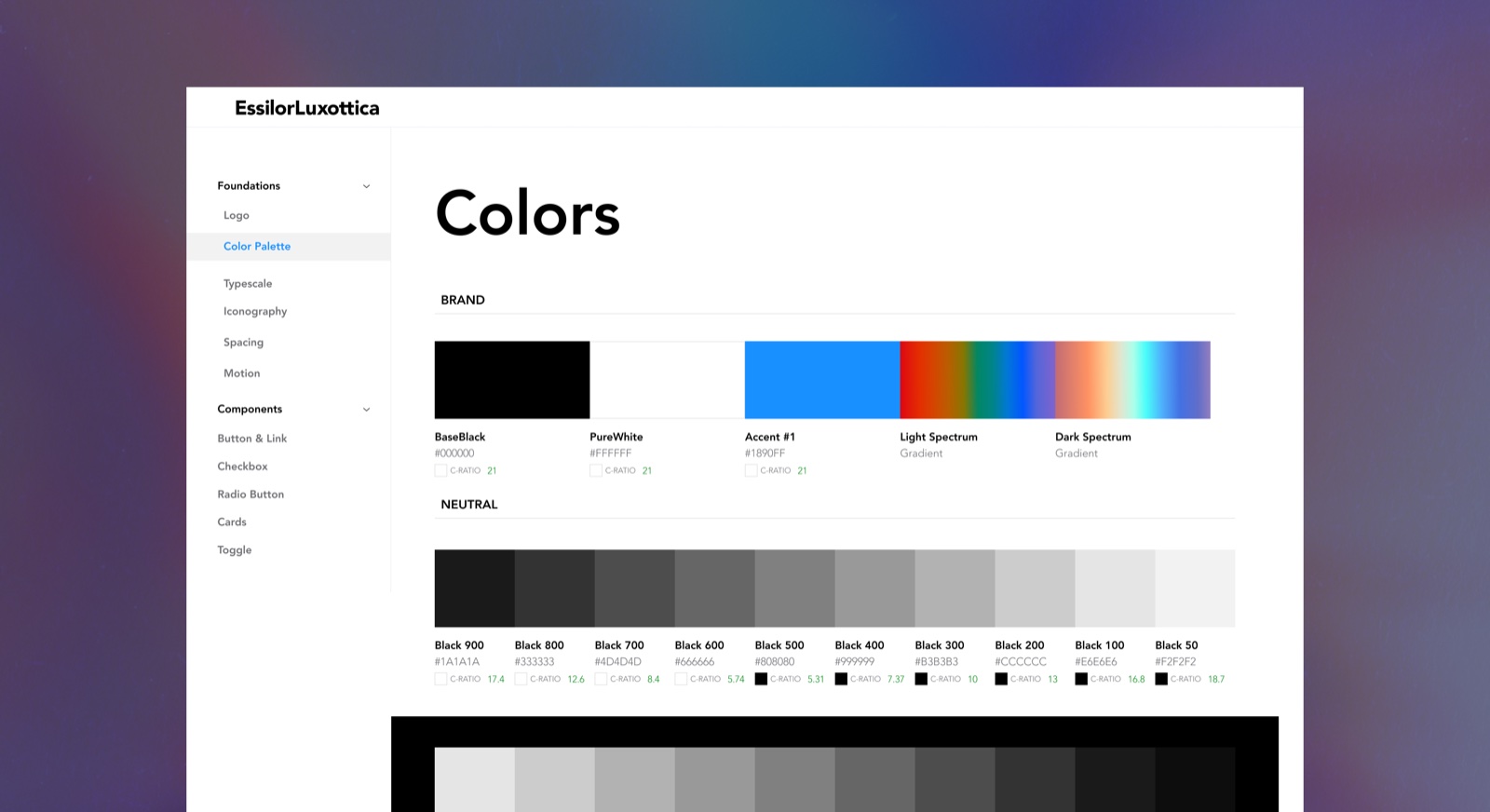 EssilorLuxottica design system documentation: the brand's colour palette, including the iridescent light and dark spectrum gradients