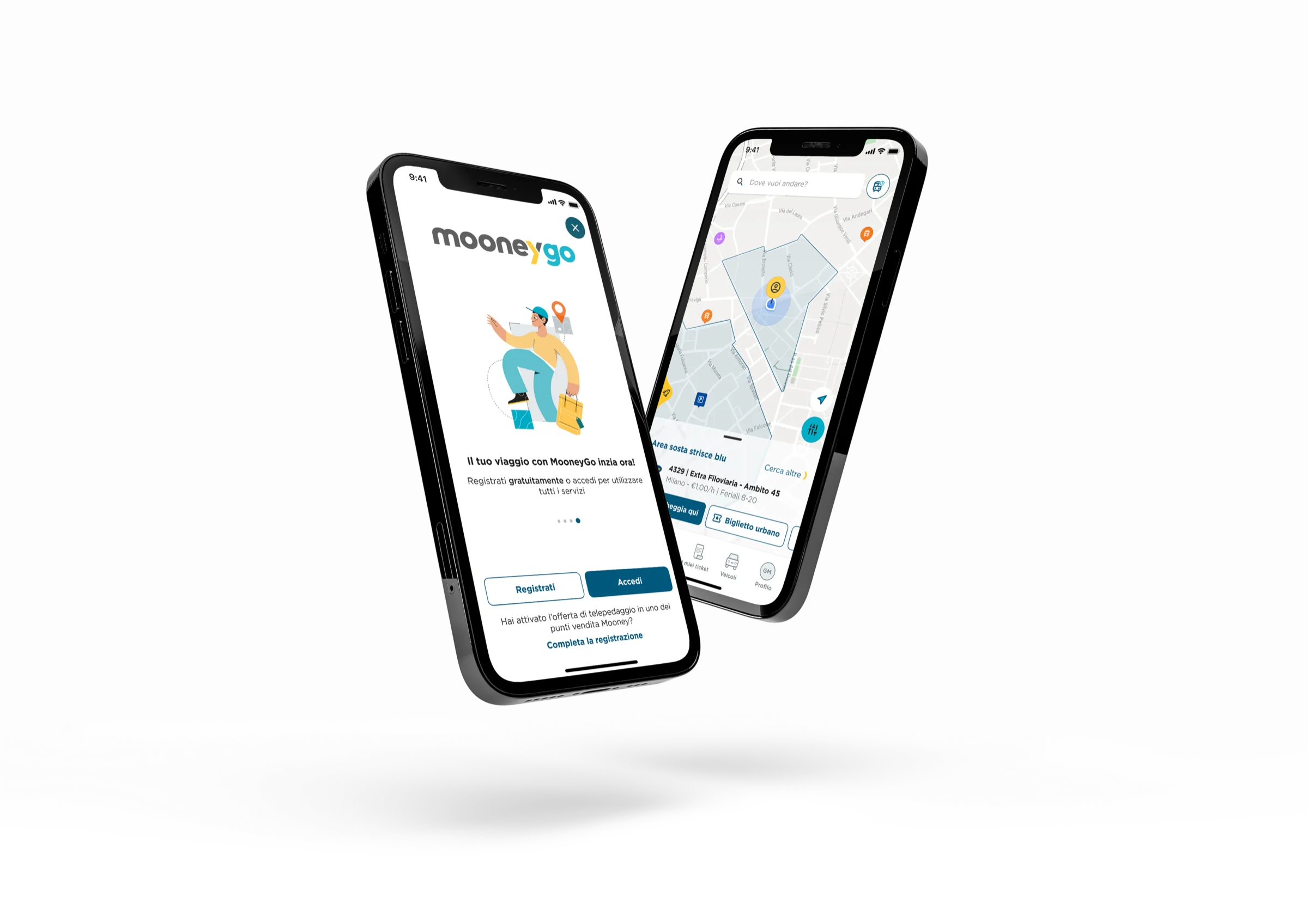 MooneyGo on two iPhones: the sign-up welcome screen and the Explore map