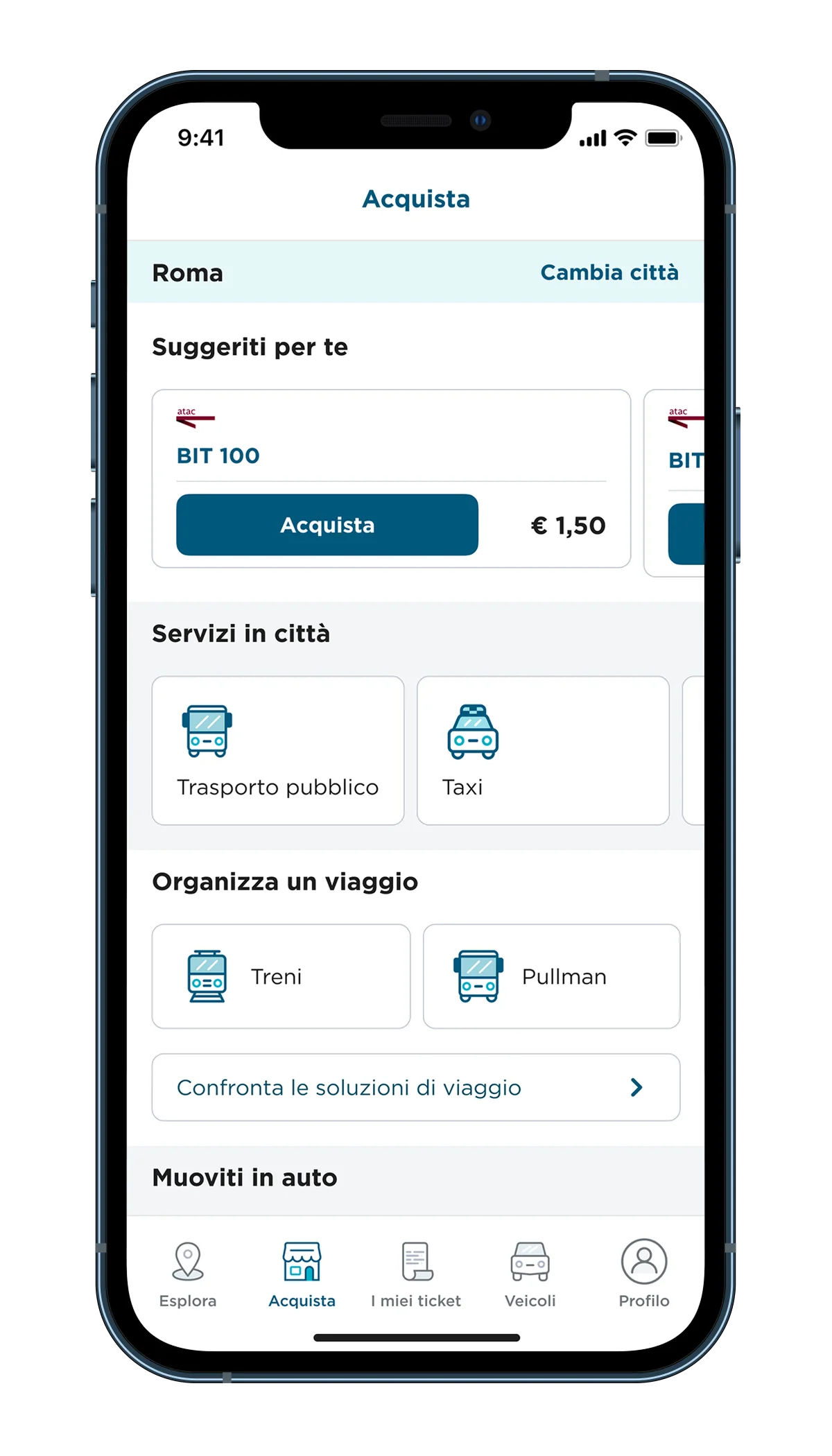 Buy: suggested tickets for the city, public transport and taxi, trip planning by train or coach
